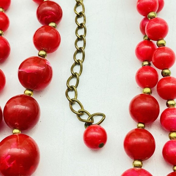 Double Strand Red Beaded Necklace Marbleized Gold Tone Classic Career Cosplay - Picture 4 of 7